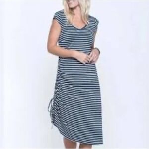 Toad&Co Muse Dress Organic Cotton‎ Blend Gray Striped Cinched Side Women Medium